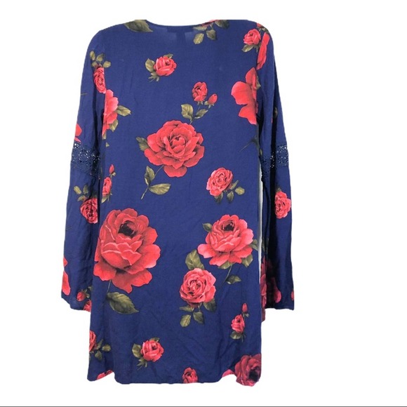 Forever 21 Floral Print Long Sleeve Shift Dress Blue Red with Lace Size Small - Picture 3 of 8